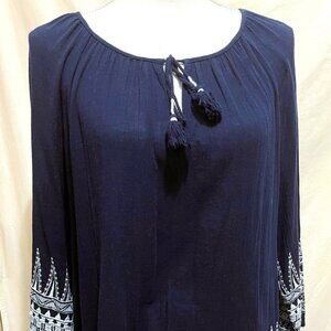 Merona Peasant Top ~ Navy Blue ~ White Embroidery ~ Size Medium ~ Boho Chic ~